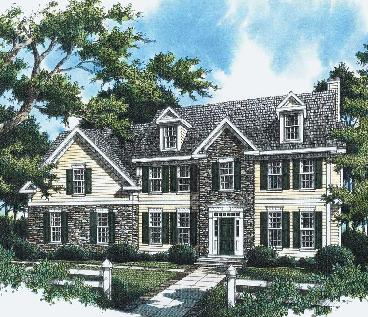 House plan exterior rendering of a two-story home with stone and siding, gabled dormers, and a covered entry.