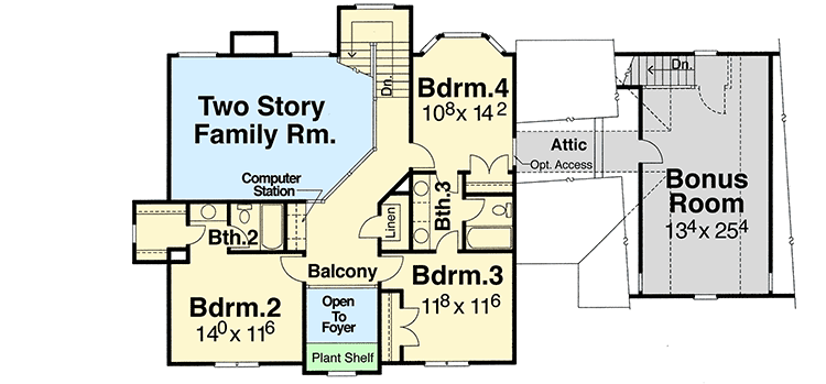 Plan 9258VS: 4-Bed House Plan with Bonus Room with Two Access Points - Floor Plan - 2nd Floor - Farmhouse, Traditional