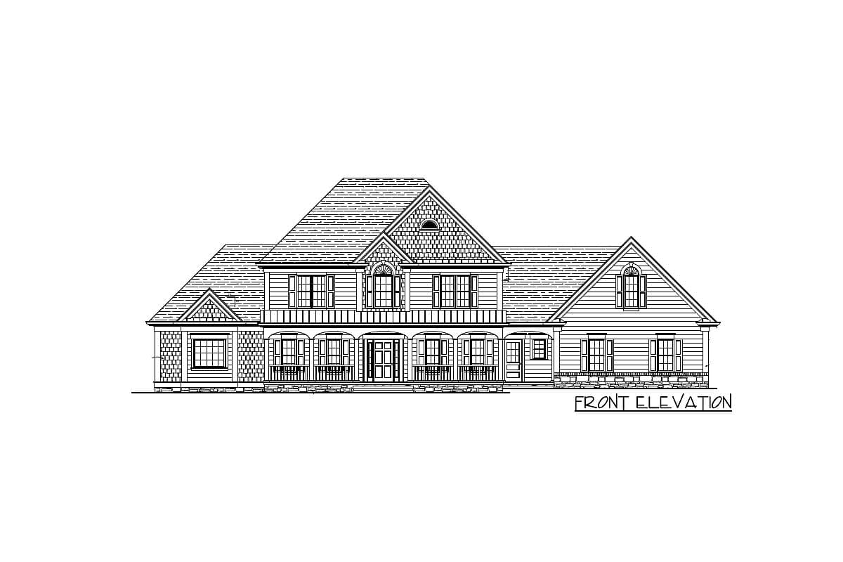 Front elevation drawing of a two-story house plan with a covered porch, dormers, and gabled rooflines.