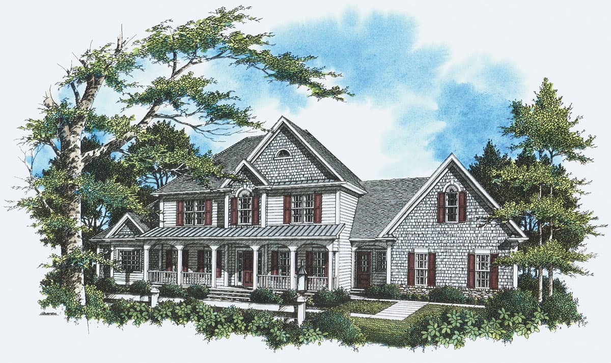 House plan exterior of a two-story home featuring a wraparound porch, multiple gables, and shake siding.