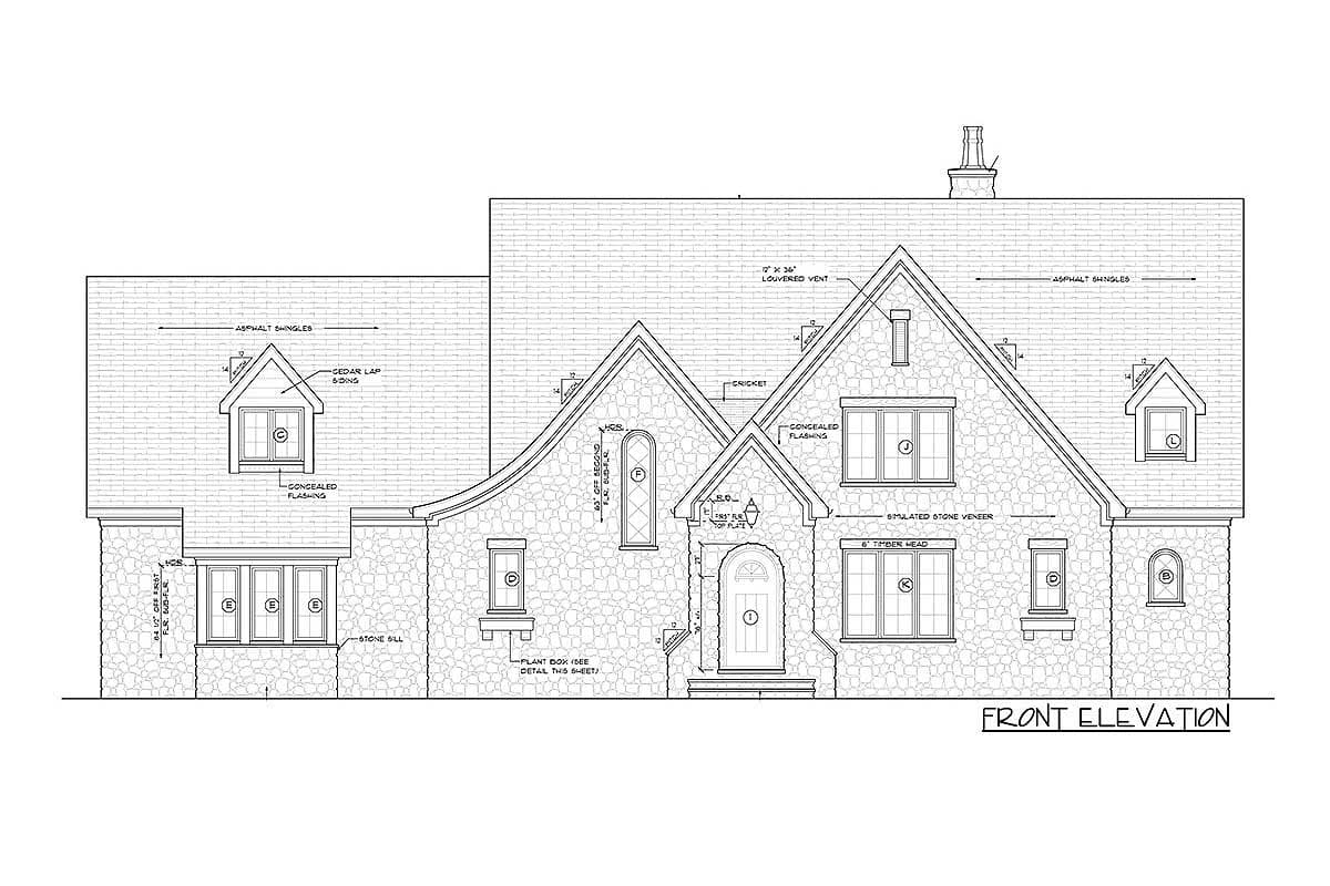 Front elevation house plan with stone veneer, asphalt shingles, gables, dormers, and multiple window types.