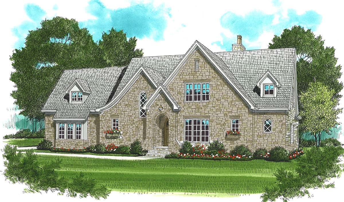 House plan exterior: Stone-clad residence with multiple gables, arched entry, and dormer windows.