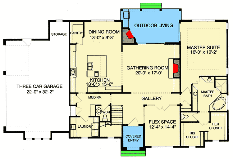 Plan 93000EL: 4-Bed House Plan with Upstairs Game Room - Floor Plan - Main Level - European