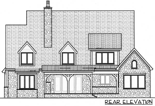 Rear elevation drawing of a two-story house plan with stone exterior, gables, dormers, and covered porch.