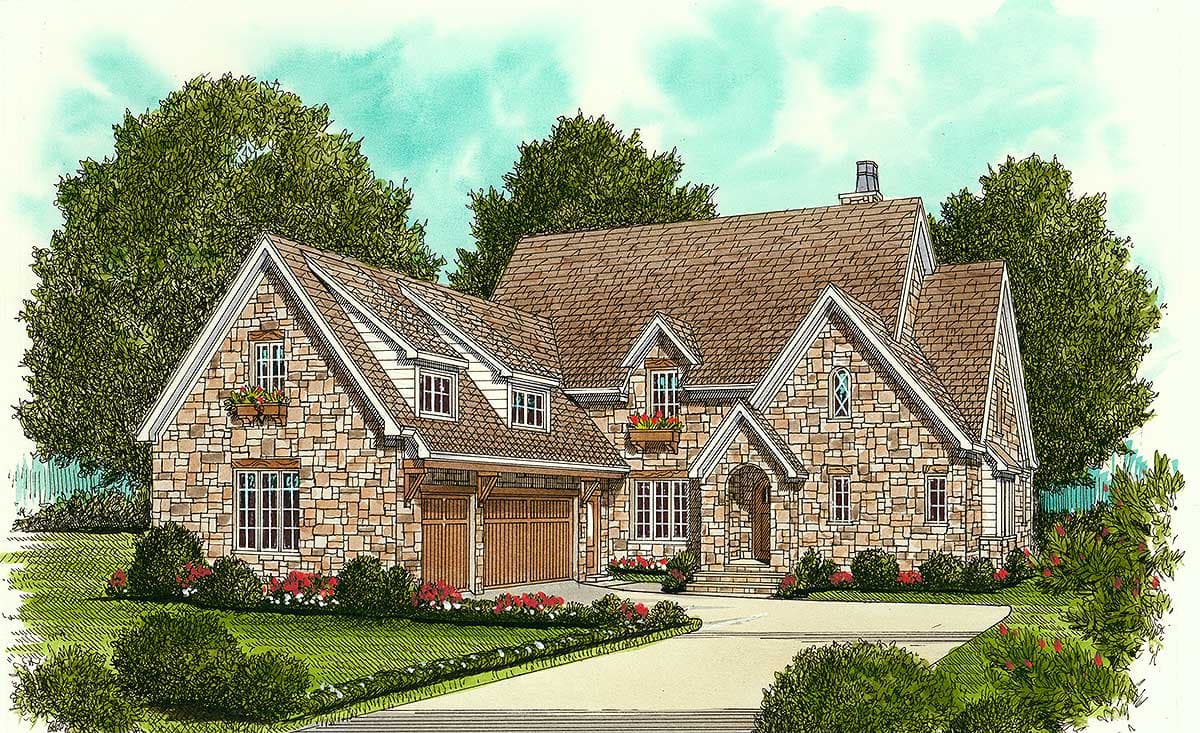 House plan exterior: Stone-clad two-story home with attached two-car garage, gables, dormers, and stone chimney.