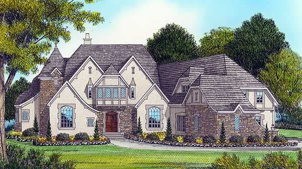 House plan exterior: Tudor style, multi-story, stone accents, steeply pitched roof, prominent gables, and stone chimney.