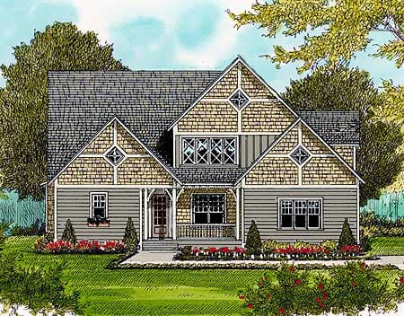 Craftsman house plan exterior with prominent gables, diamond dormers, a wrap-around porch, and varying shingle and siding textures.