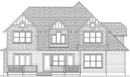 House plan exterior elevation with multiple gables, dormers, and a wrap-around porch.