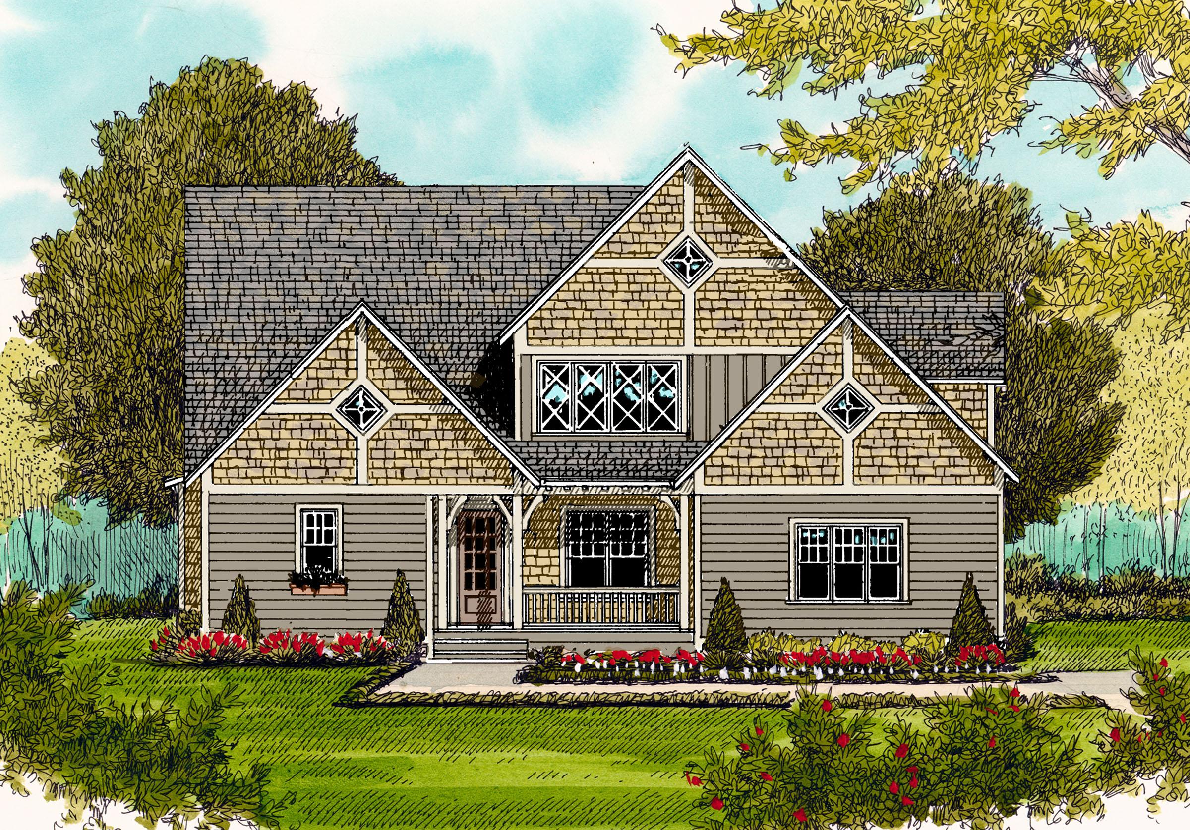 House plan exterior: Two-story home with gables, diamond-shaped dormers, shingle siding, and a covered front porch.