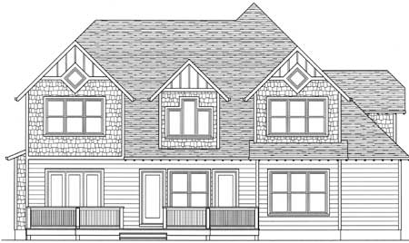 House plan exterior drawing shows a two-story home with multiple gables, dormers, and a covered front porch.