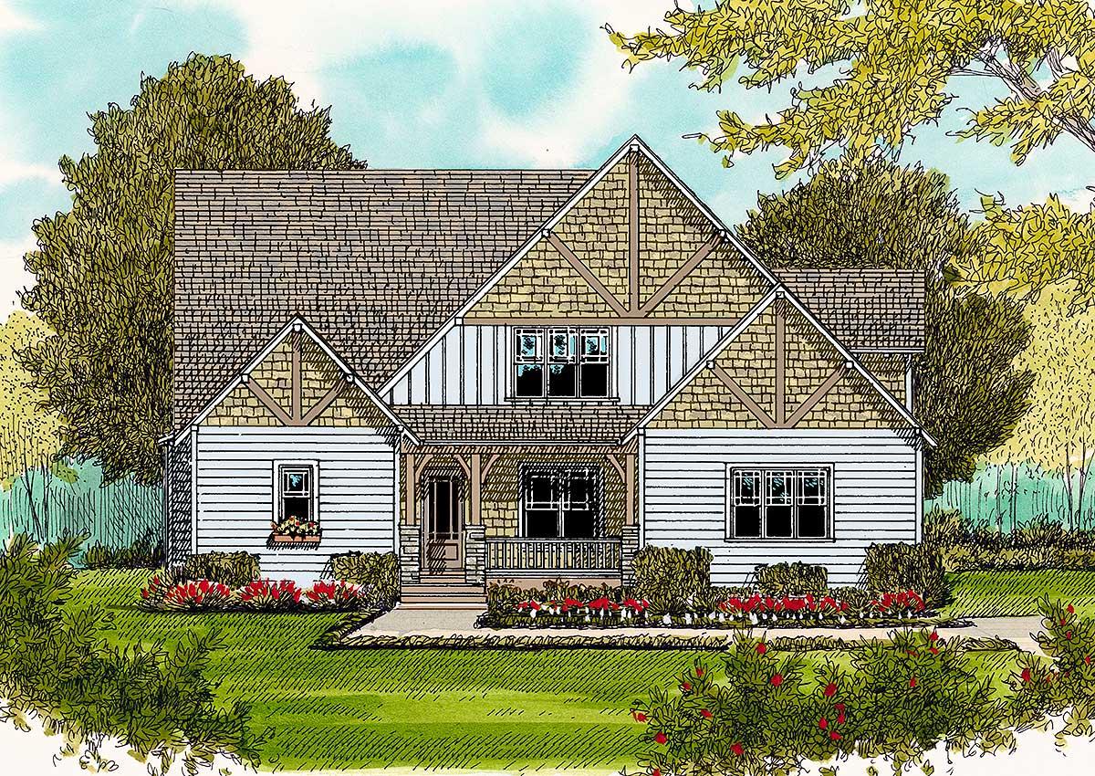 House plan exterior, two stories, showcasing a covered front porch, varied rooflines, and shingle and siding exterior details.