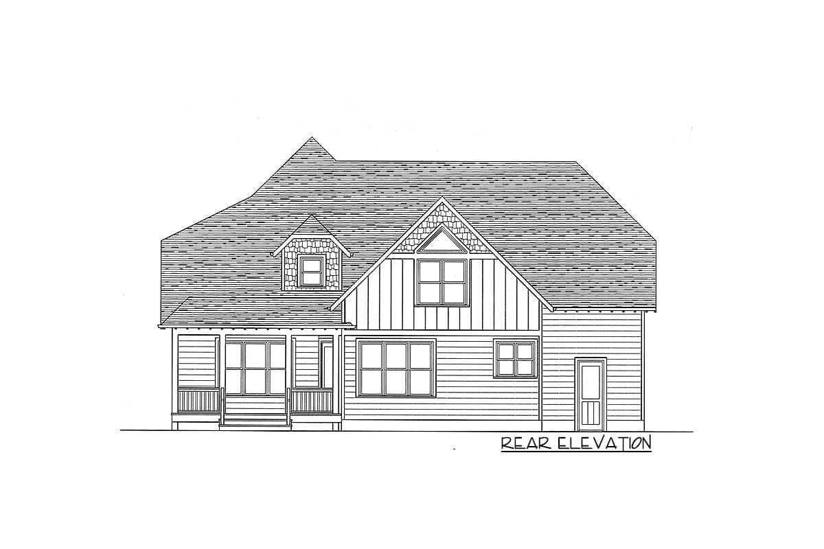 Rear elevation drawing of a house plan with a gable dormer, a porch, and mixed siding.