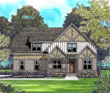 House plan exterior: Two-story Modern Farmhouse with stone foundation, board and batten siding, and prominent gables.