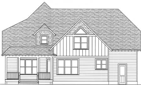 House plan exterior with a covered porch, dormer, and prominent gables. Two stories are suggested by the rooflines and window placement.