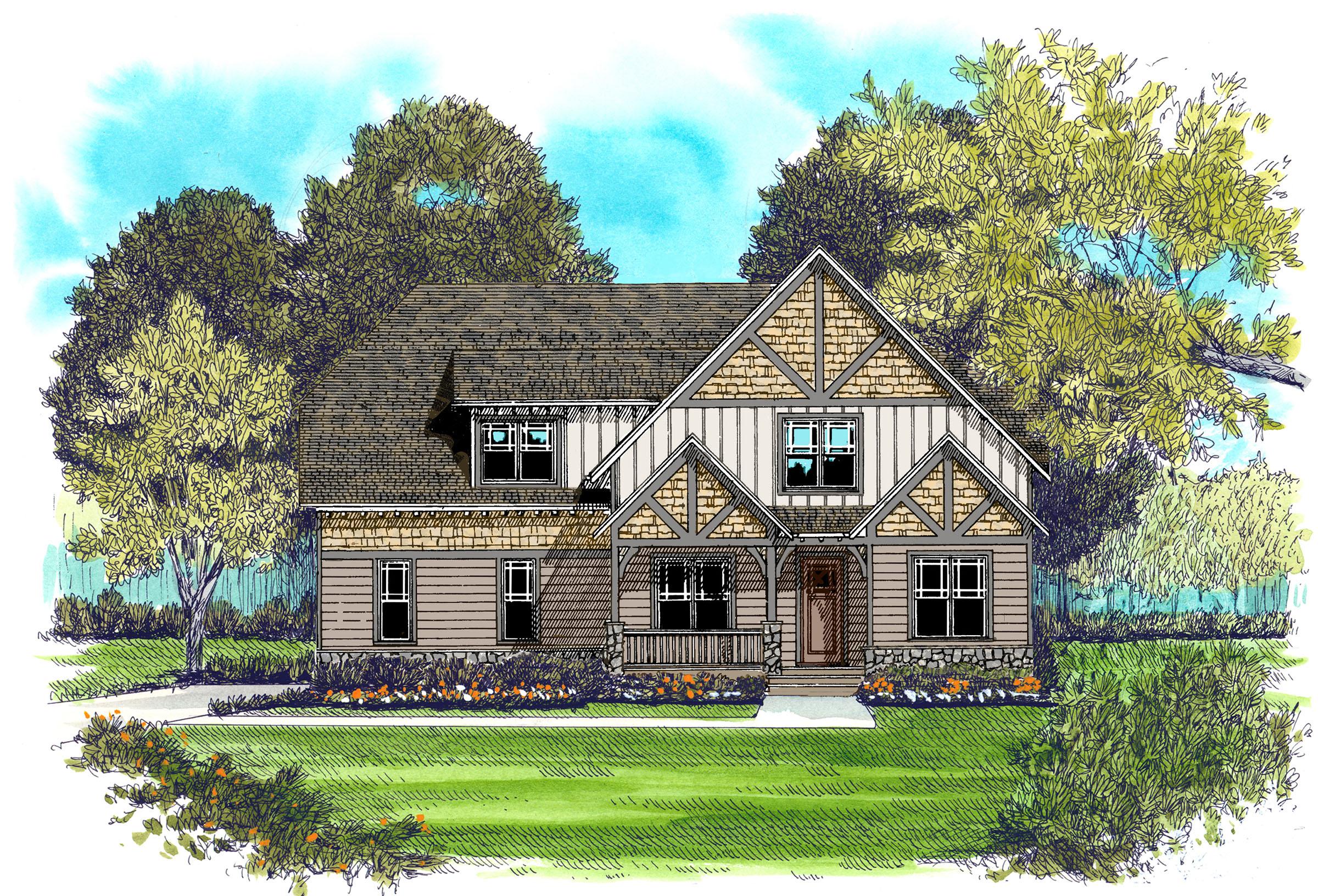 House plan exterior: Two-story Tudor style with stone accents, prominent gables, decorative half-timbering, and a covered front porch.