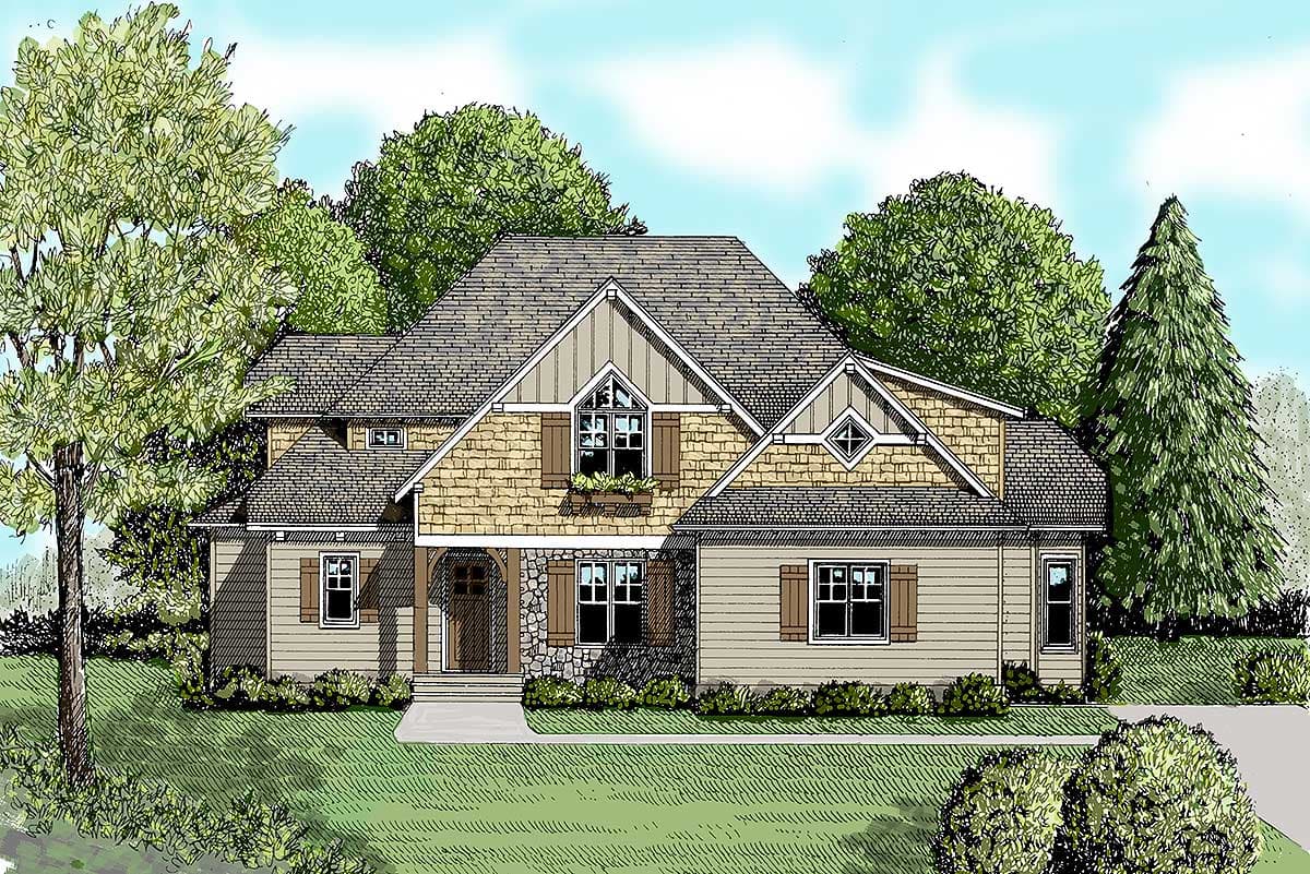 House plan exterior: Two-story home with stone and shingle siding, gables, dormers, and covered entry.