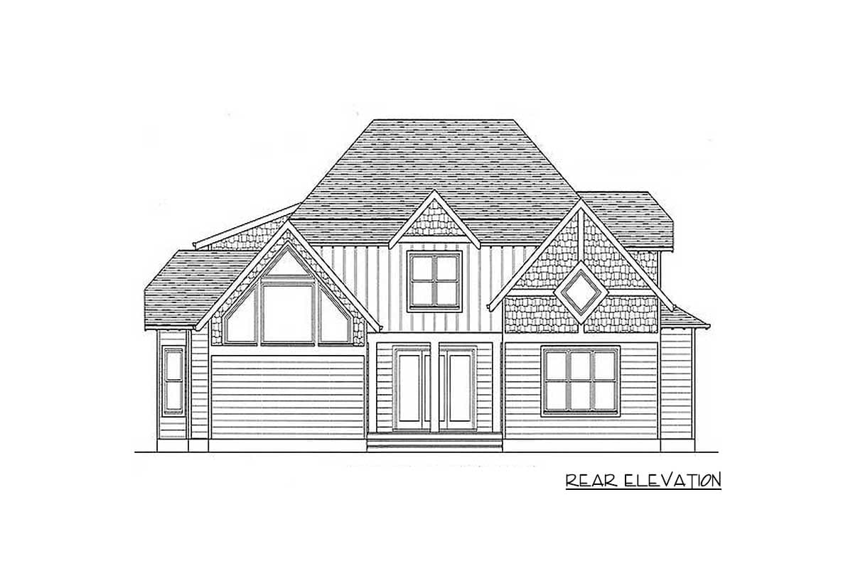 Rear elevation drawing of a two-story house plan with gables, varied window types, and layered rooflines.