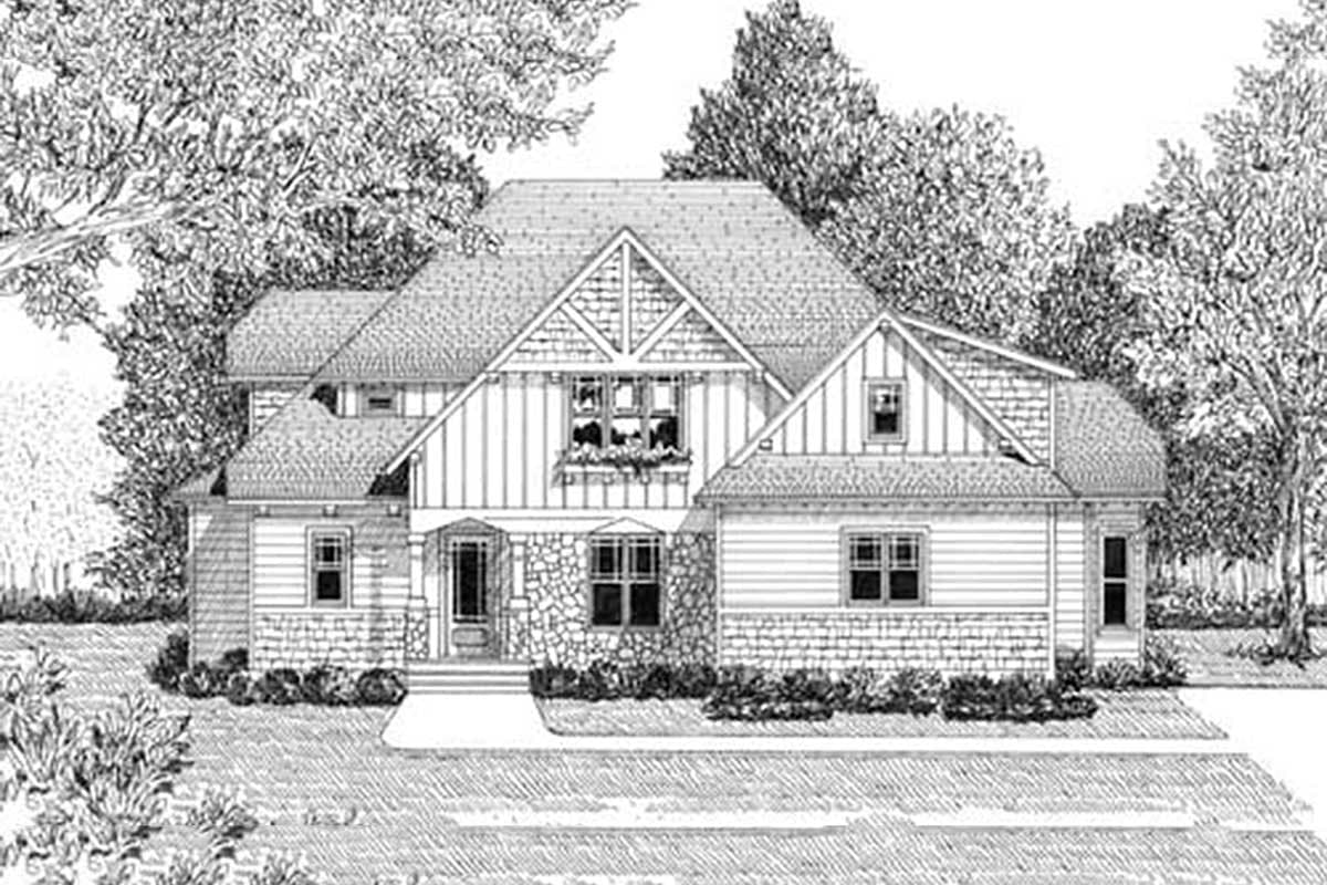 House plan exterior of a two-story Modern Farmhouse with stone and board-and-batten siding, gable dormers, and a covered entry.