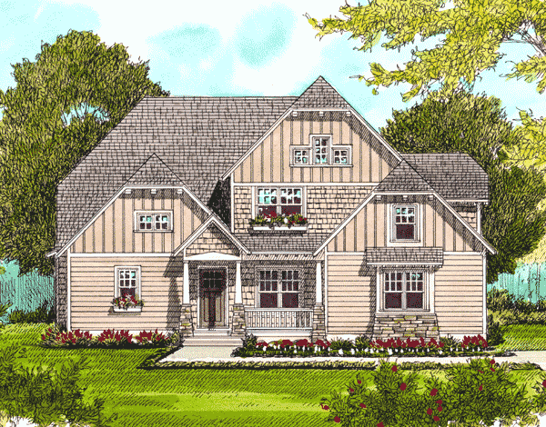 Craftsman style house plan exterior with dormers, multiple gables, stone accents, and a covered front porch.