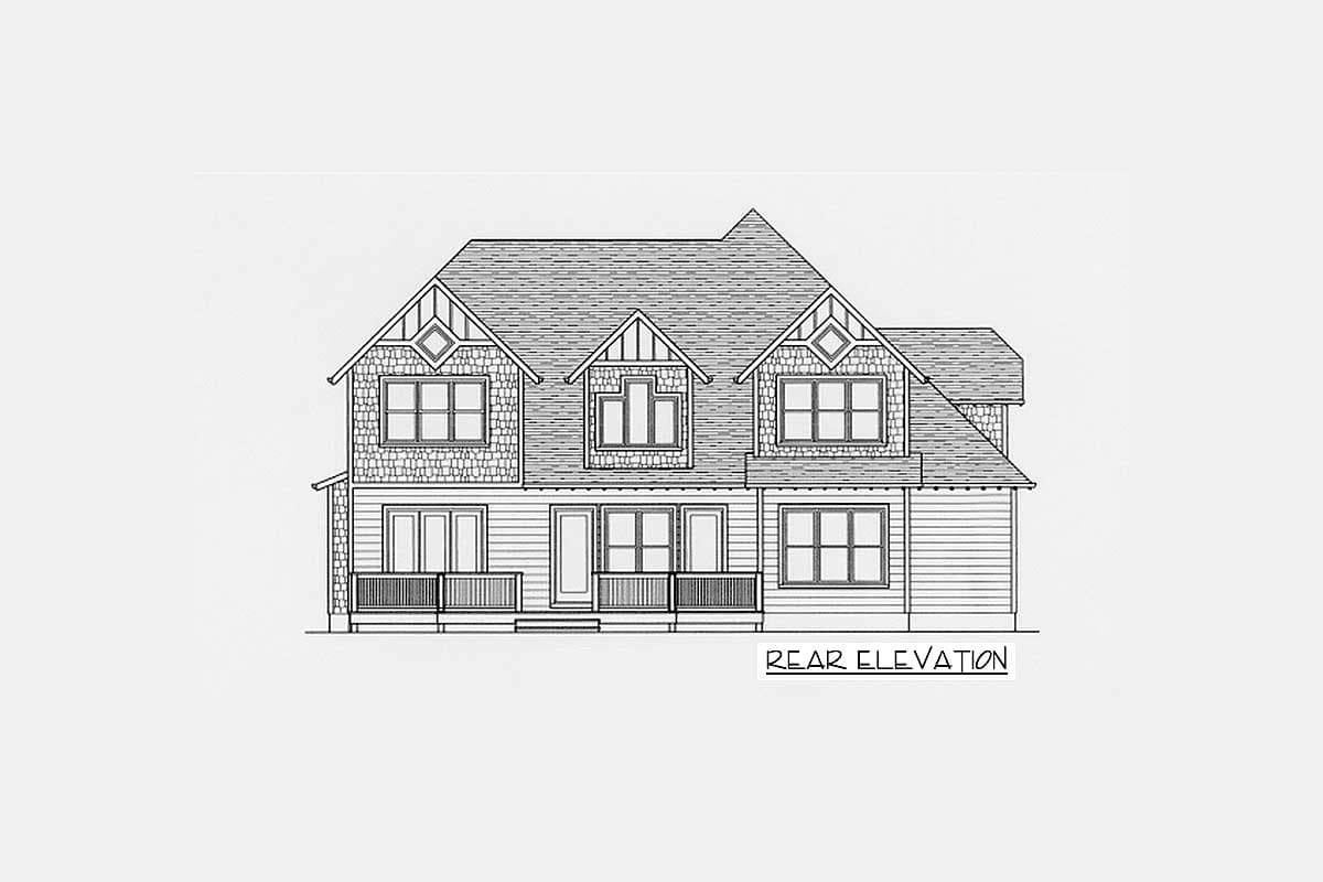 Rear elevation house plan featuring multiple gables, dormers, shingle siding, and a covered porch.