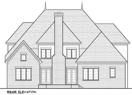 Rear elevation drawing of a two-story house with a large central chimney, multiple gables, and double doors.