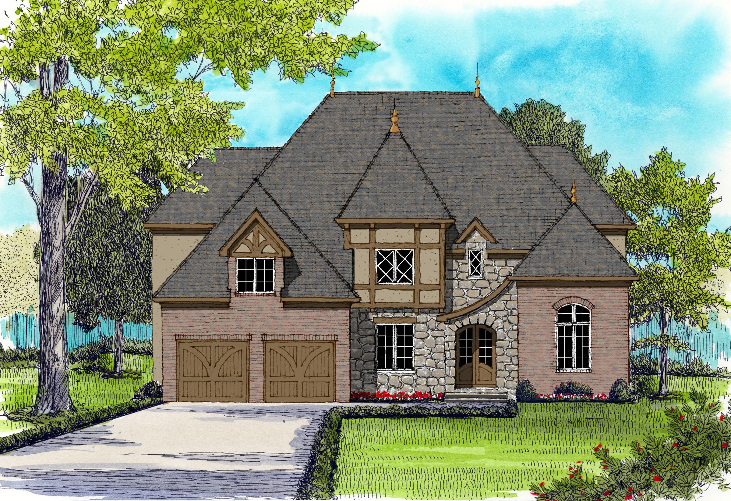 House plan exterior, two-story, with stone and brick facade, gambrel roof, dormers, and a three-car garage.