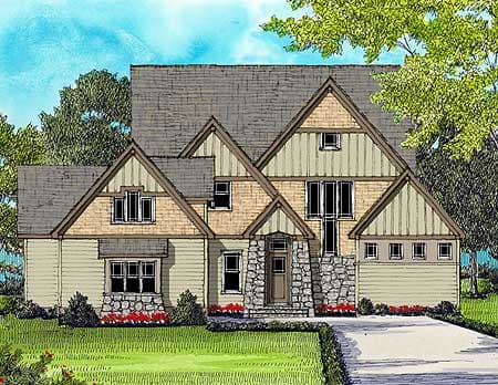 Craftsman style house plan exterior with prominent gables, stone accents, and a multi-level roofline.