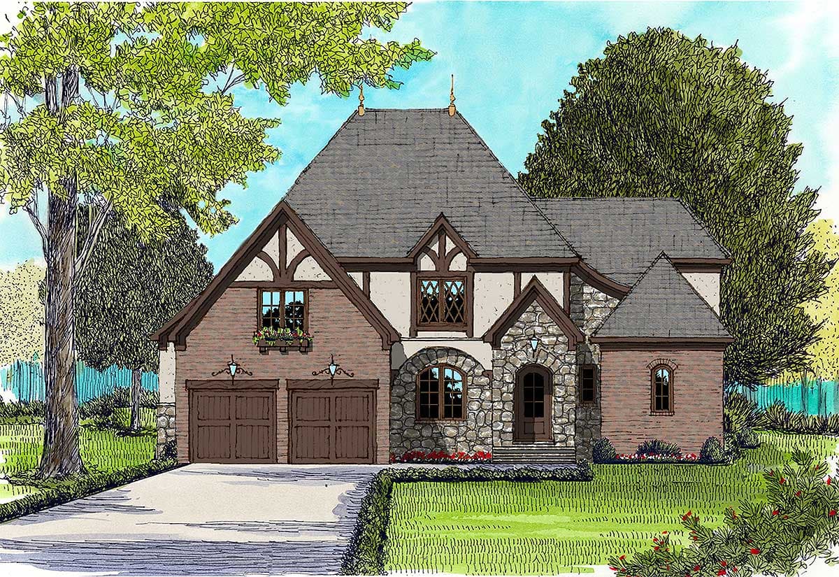 Tudor-style house plan exterior with a prominent stone entryway, double garage doors, and intersecting gables.