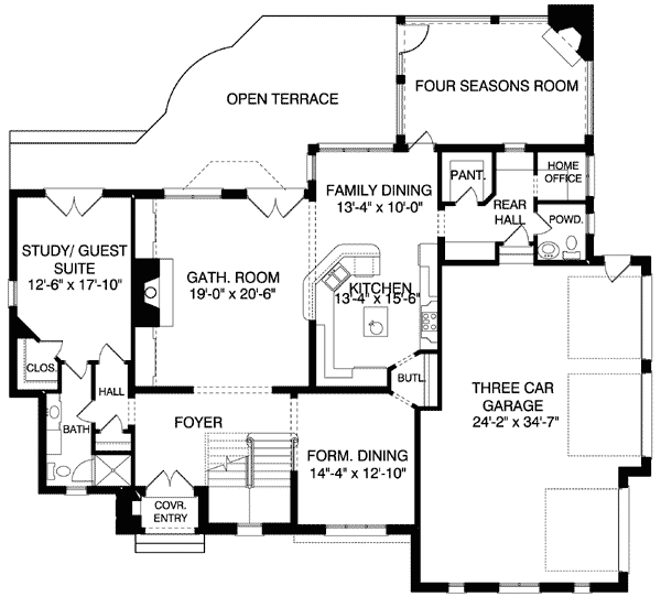 Plan 93015EL: English Manor With 3 to 4 Beds - Floor Plan - Main Level - European, Tudor