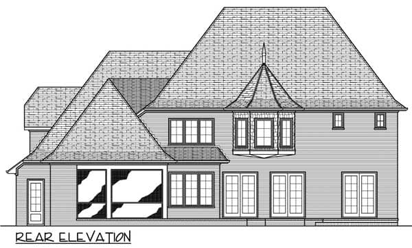Rear elevation drawing of a house plan with multiple gables, a bay window, and double doors.
