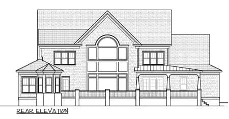 Rear elevation house plan showing a multi-story home with a sunroom, large arched window, and covered porch.