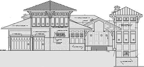 House plan exterior drawing showing a multi-story home with a prominent gabled roof, double garage, and cultured stone accents.