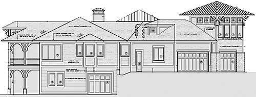 House plan exterior elevation showing a two-story home with a covered porch, multiple gables, dormers, and a three-car garage.