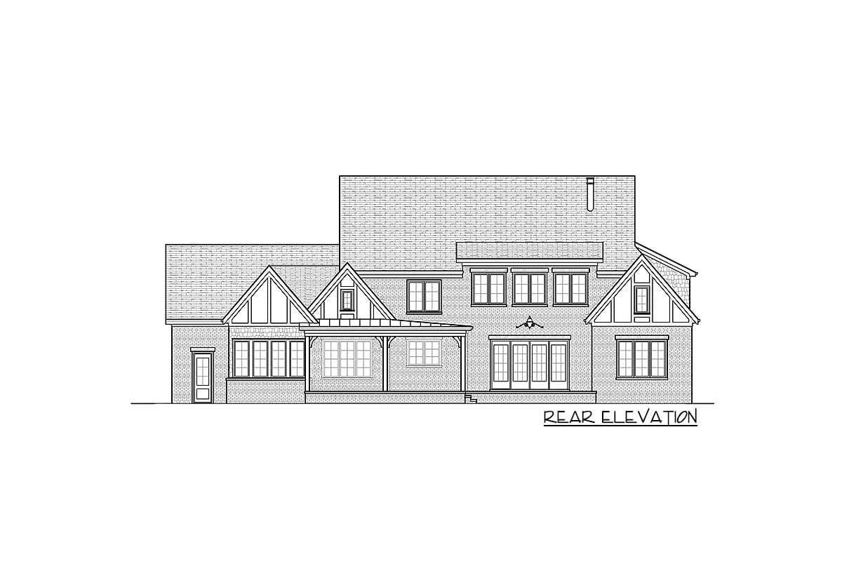 Rear elevation drawing of a two-story house with a covered porch, multiple gables, and brick detailing.
