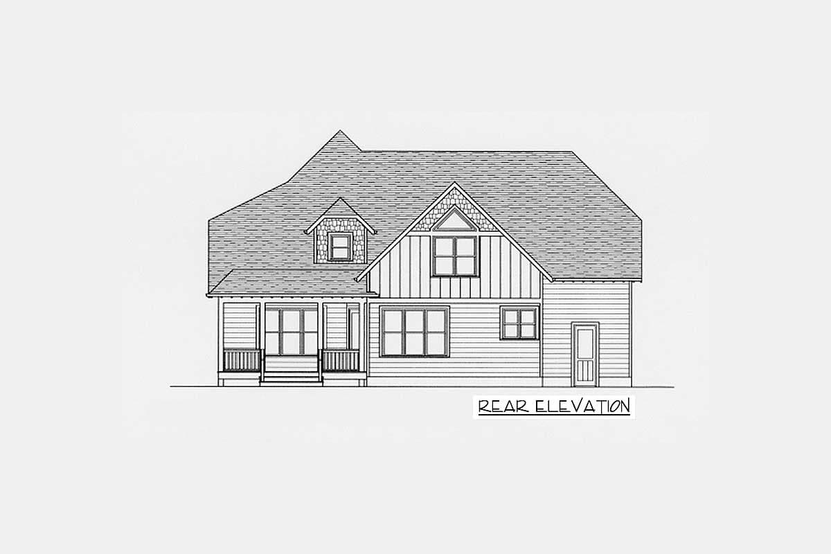 Rear elevation drawing of a two-story house with a covered porch, dormer, and gabled roof.