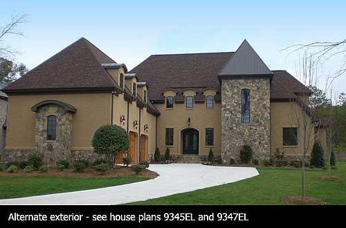 House plan exterior with stone accents, multiple gables, dormers, and a three-car garage.