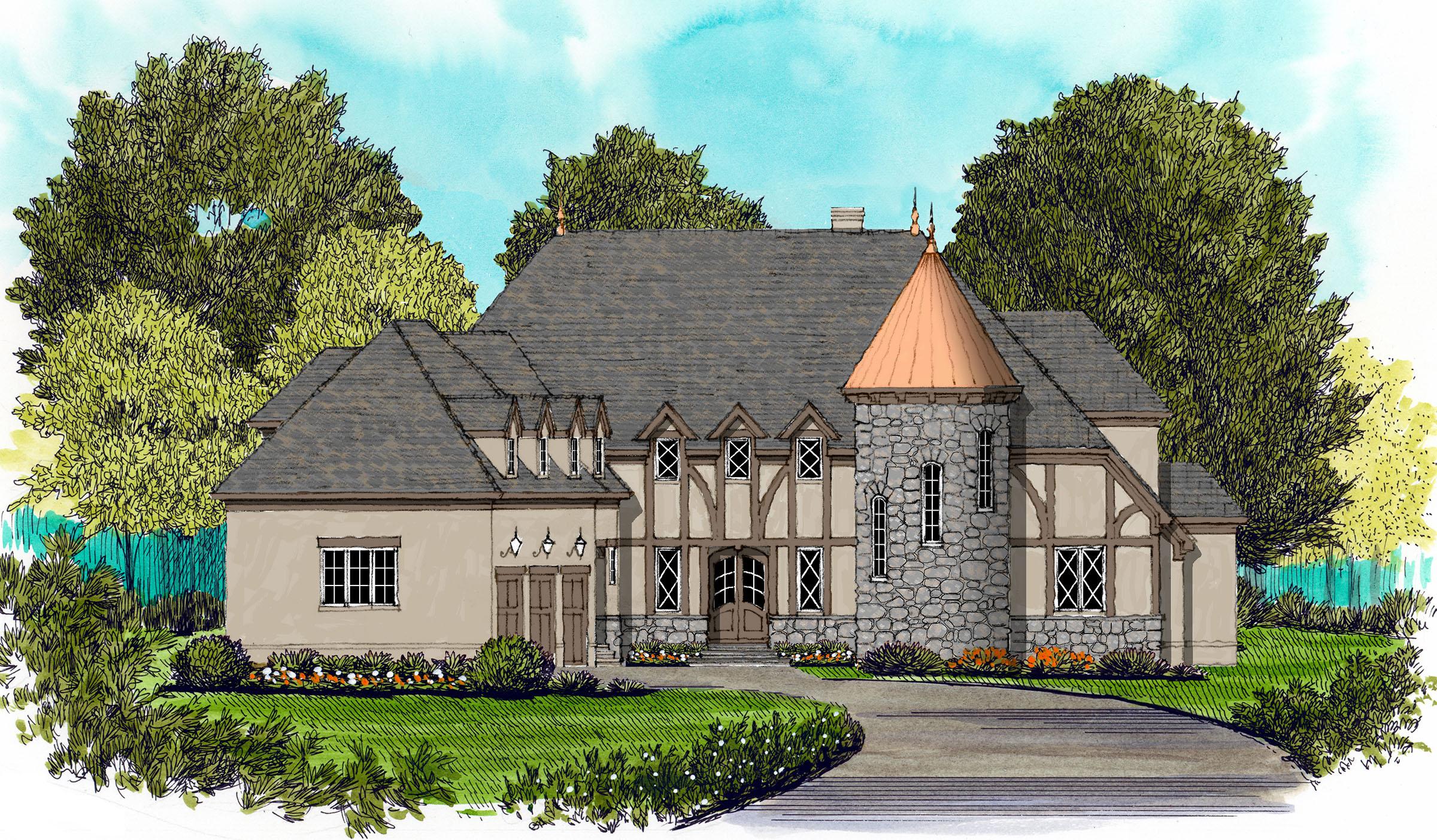 Tudor-style house plan exterior with stone turret, half-timbering, multiple gables, and a prominent dormer.