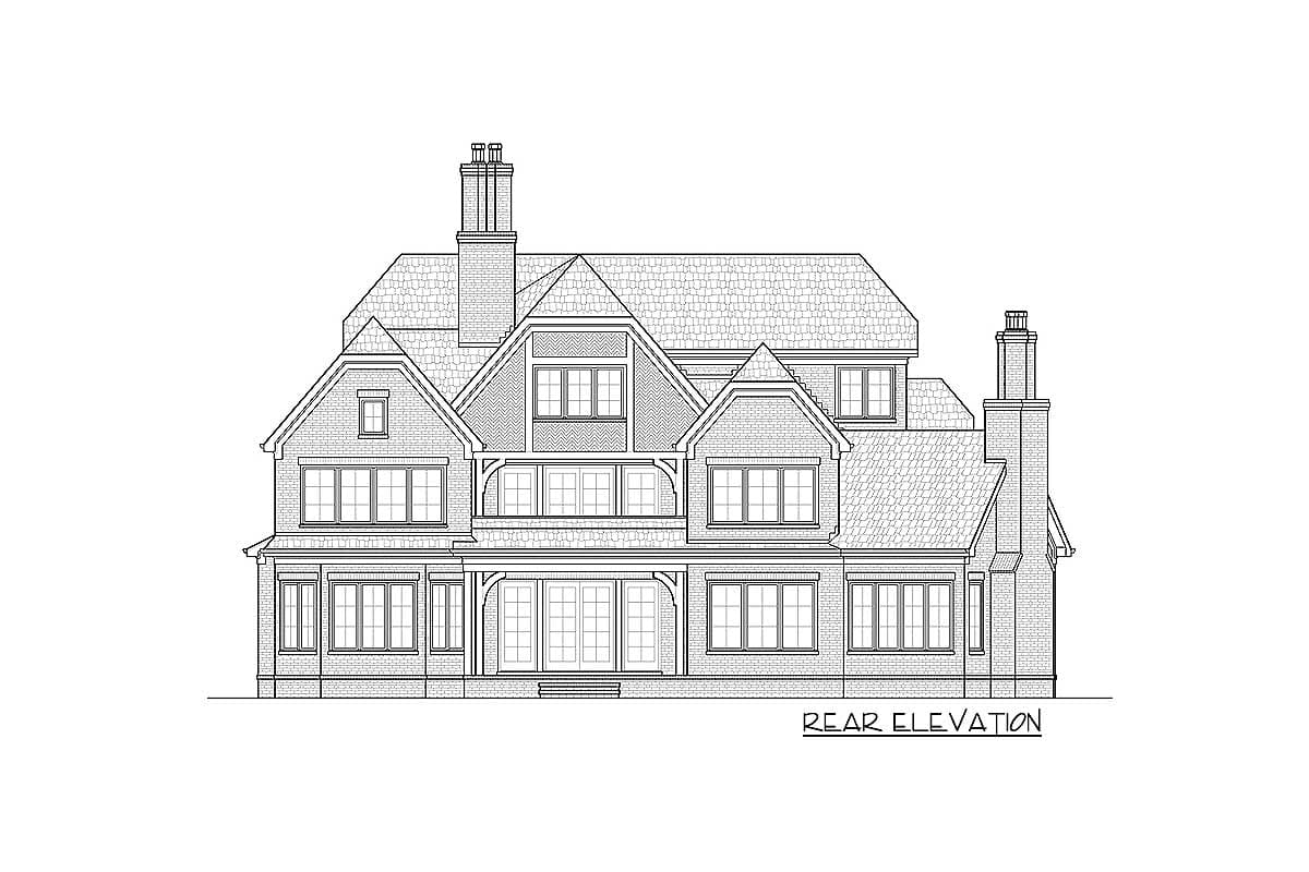 Rear elevation of a multi-story house plan featuring multiple gables, dormers, and prominent chimneys.