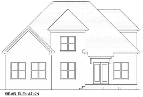 Rear elevation drawing of a house plan showing multiple gables, a symmetrical window arrangement, and double doors leading to a deck.