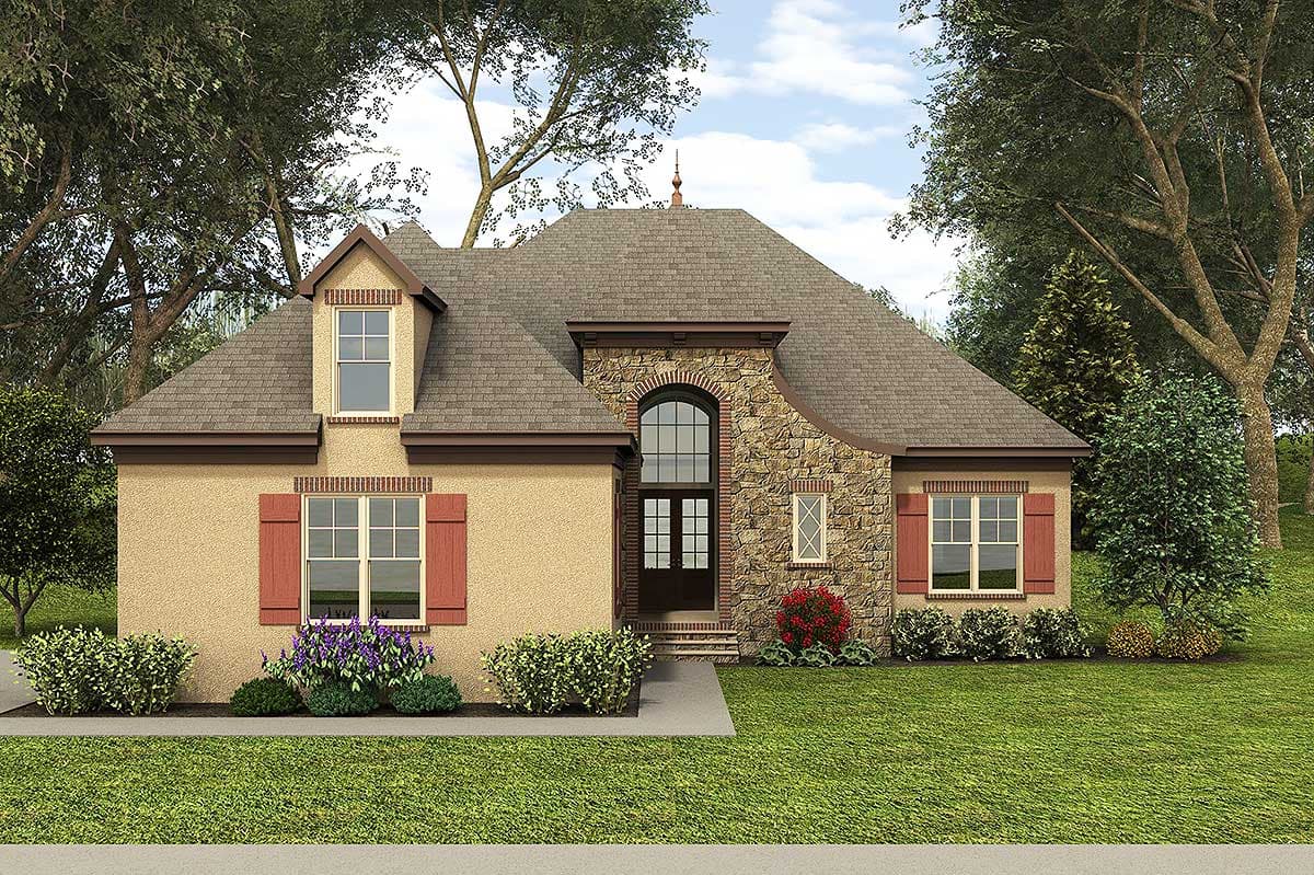 House plan exterior: One-and-a-half story, stucco finish, stone-clad entryway with arched double doors, prominent gables, and dormer.