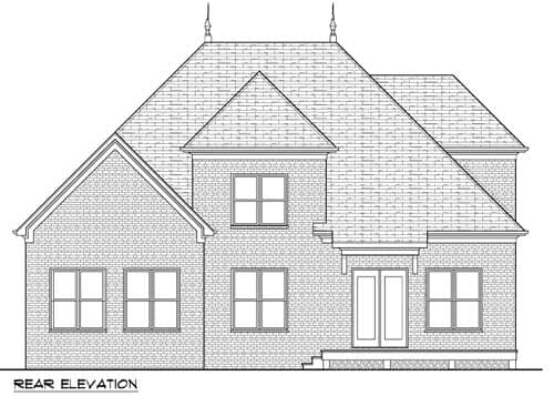 Rear elevation drawing of a two-story brick house with a prominent gable, multiple windows, and double doors with a small porch.
