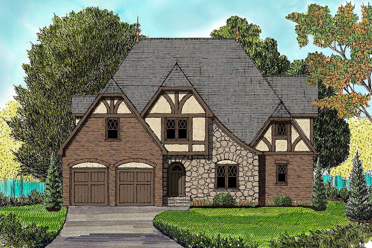Tudor style house plan exterior with stone and brick facade, multiple gables, and a two-car garage.