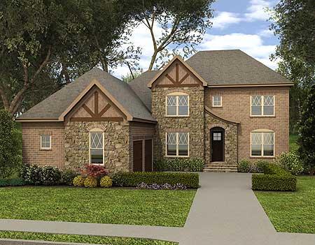 House plan exterior: Two-story home with stone and brick facade, prominent gables, and a side-entry garage.