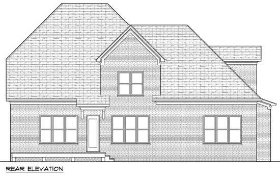 Rear elevation house plan with brick facade, multiple gables, and inset porch.