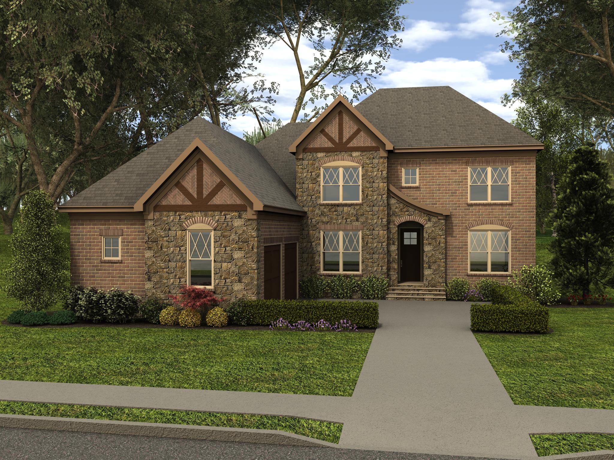 House plan exterior: Two-story home with stone and brick facade, gabled rooflines, timber accents, and a two-car garage.