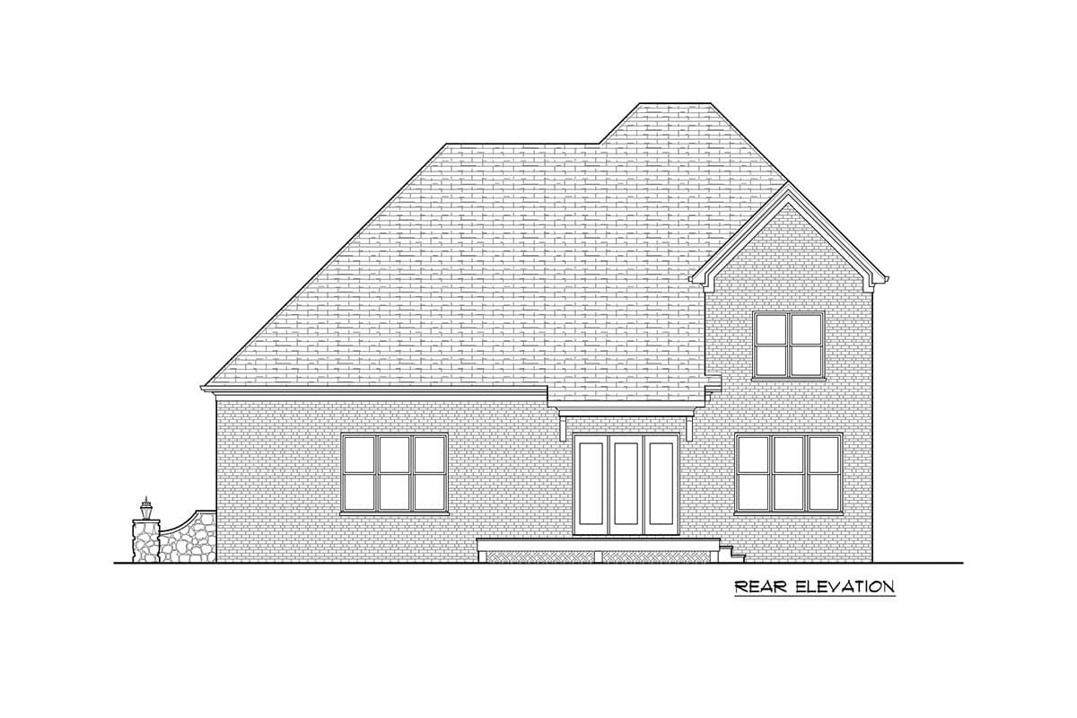 Rear elevation drawing of a two-story house plan with brick exterior, double doors, and varied window configurations.