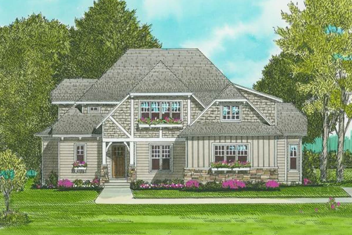 House plan exterior, two stories, with a prominent central gable, stone accents, and a covered entry porch.