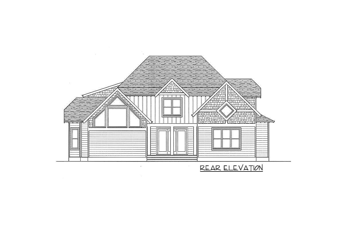 Rear elevation house plan with multiple gables, decorative shingle accents, and varied window sizes.