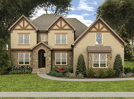 House plan exterior: Two-story home with stone accents, arched entryway, and prominent gables with decorative timbering.