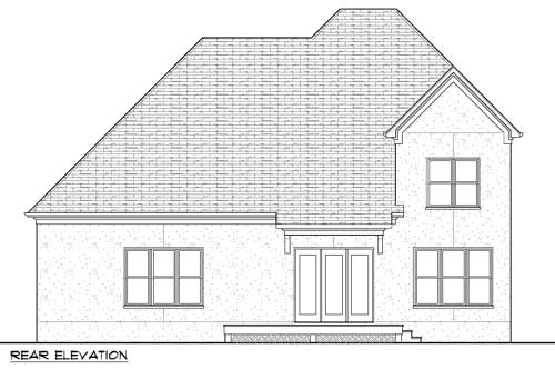 Rear elevation house plan with double doors, multiple windows, and varied rooflines.